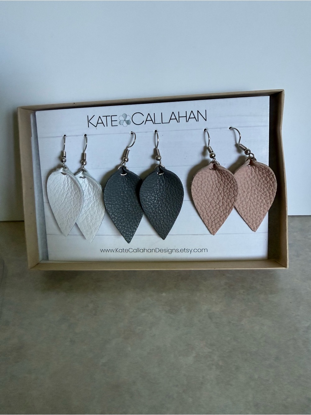 Kate Callahan Faux Leather Teardrop Earrings Set of 3 White Gray Blush NIB